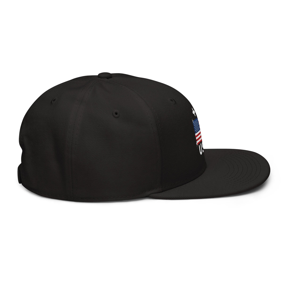 Snapback USA +1 avec drapeau floqué effet éclaboussure de peinture - vue de profil droit - Indicatif Fier