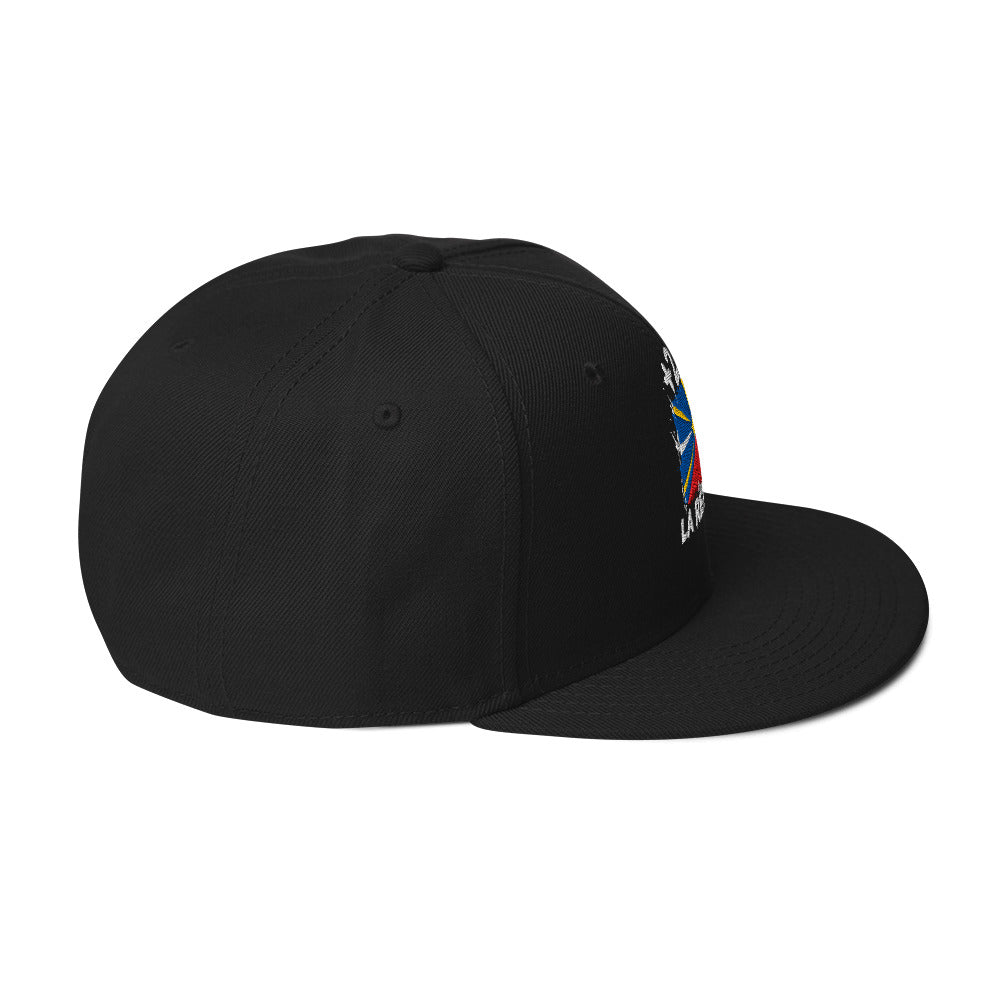 Snapback La Réunion +262 - Noir avec drapeau brodé - vue de profil droit - Indicatif Fier