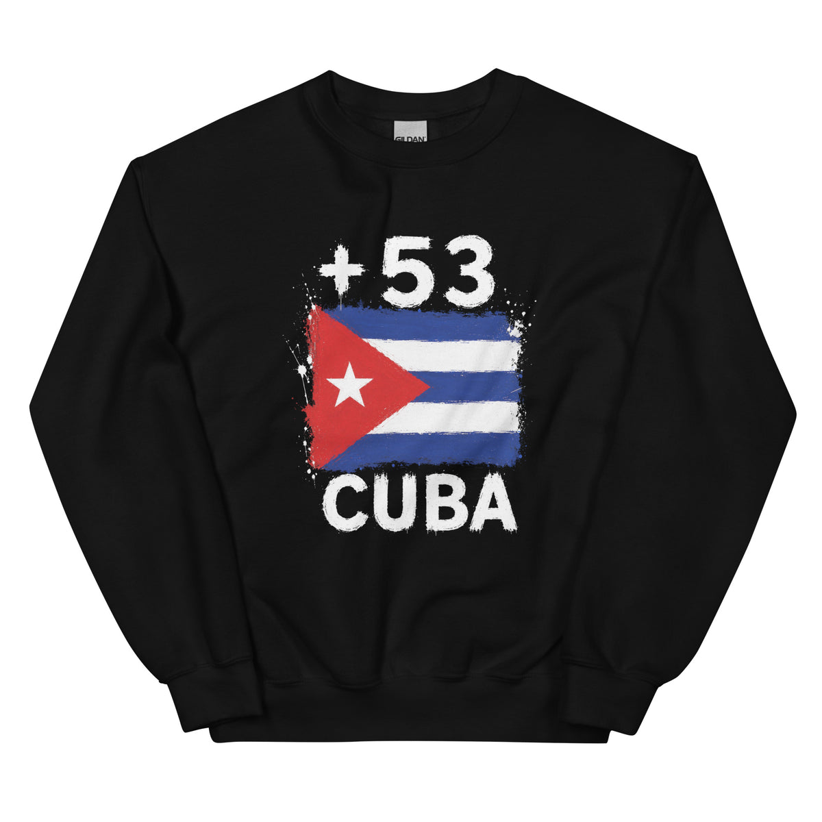 Sweat noir Cuba +53 avec drapeau cubain floqué effet éclaboussure de peinture - Indicatif Fier
