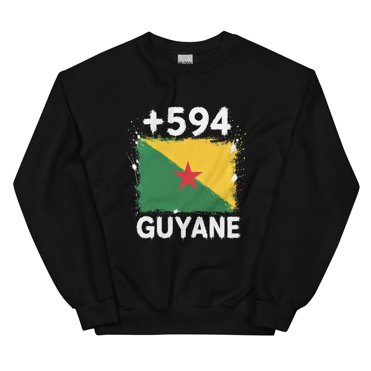 Sweat noir Guyane +594 avec drapeau guyanais floqué effet éclaboussure de peinture - Indicatif Fier