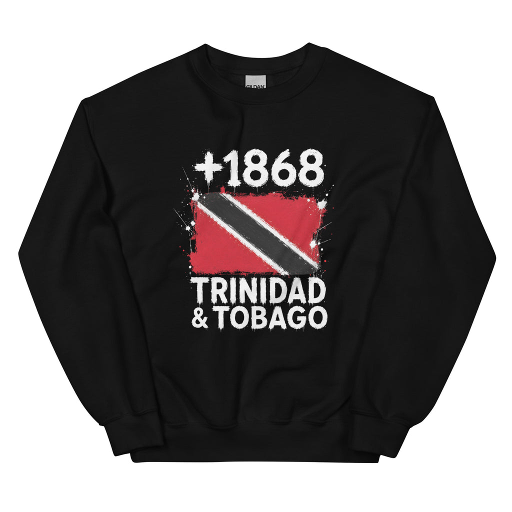 Sweat noir Trinidad & Tobago +1868 avec drapeau trinidadien floqué effet éclaboussure de peinture - vue de face - Indicatif Fier