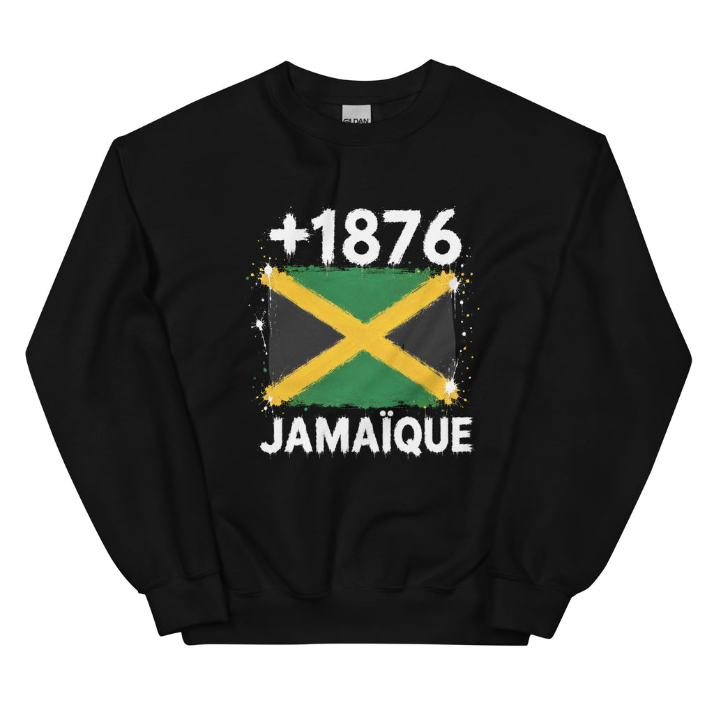Sweat noir Jamaïque +1876 avec drapeau jamaïcain floqué effet éclaboussure de peinture - vue de face - Indicatif Fier