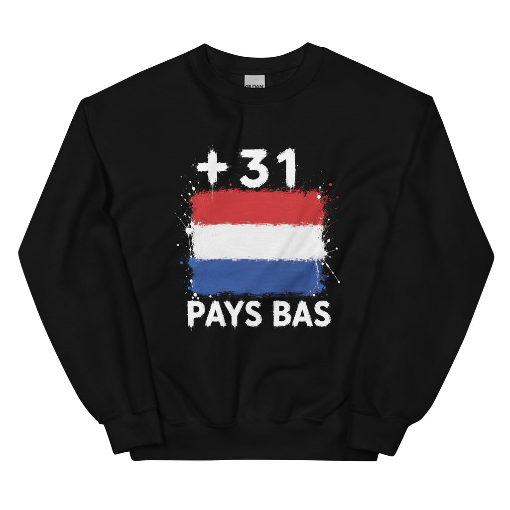 Sweat noir Pays Bas +31 avec drapeau néerlandais floqué effet éclaboussure de peinture - vue de face - Indicatif Fier