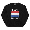 Sweat noir Pays Bas +31 avec drapeau néerlandais floqué effet éclaboussure de peinture - vue de face - Indicatif Fier
