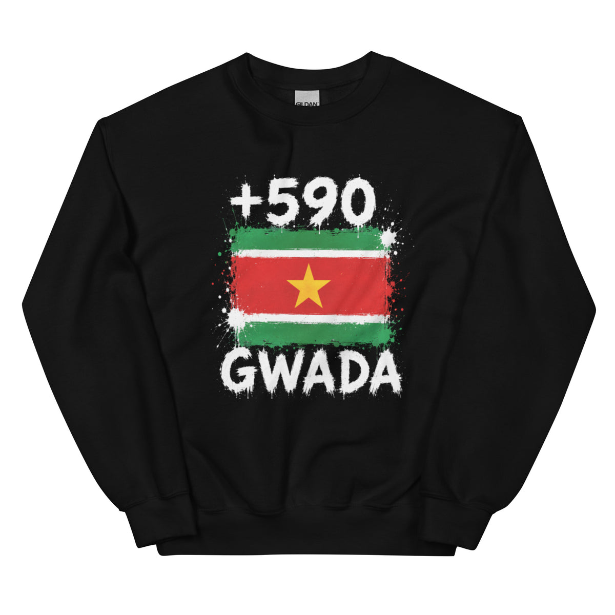 Sweat Guadeloupe +590 - Noir avec drapeau floqué effet éclaboussure de peinture - vue de face - Indicatif Fier