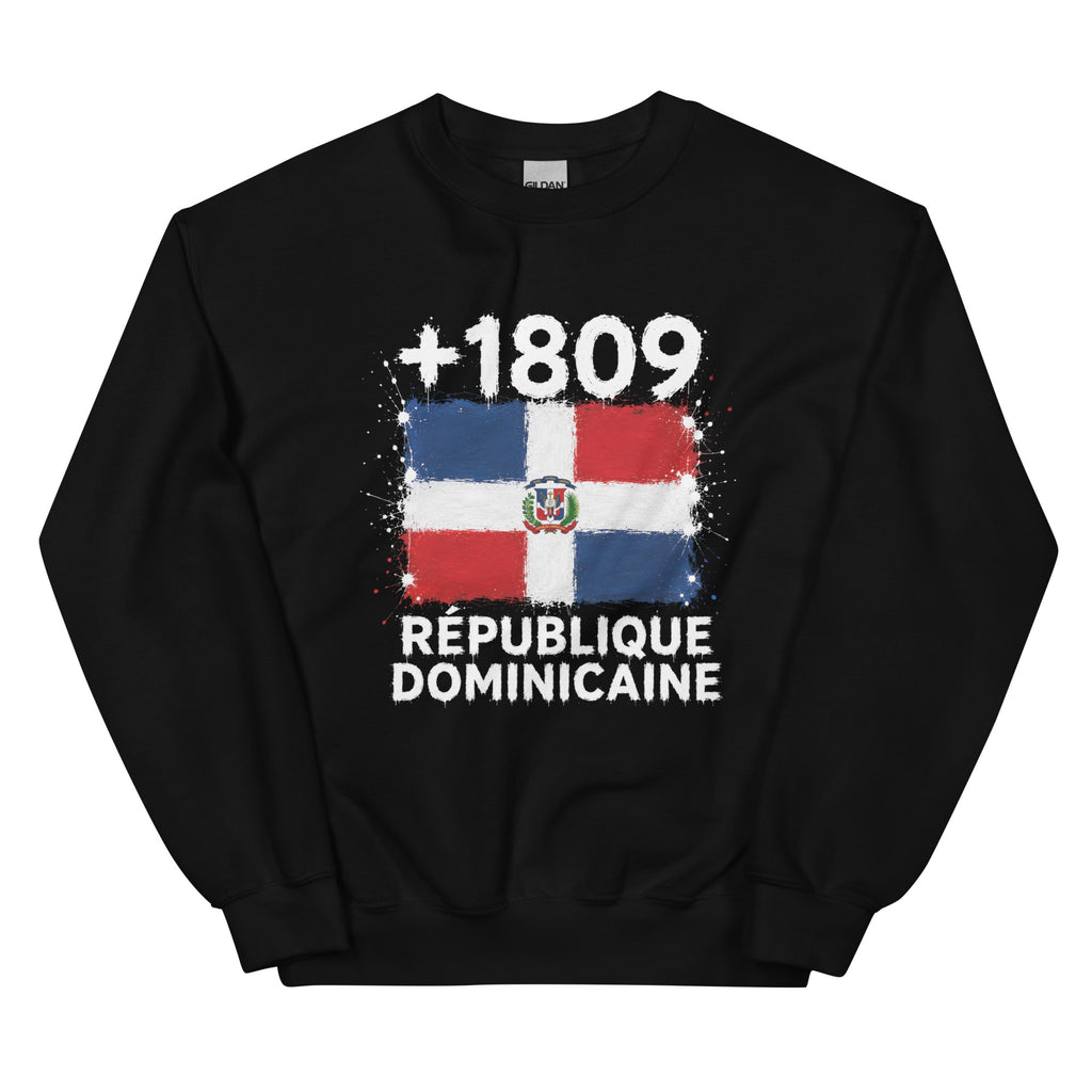 Sweat noir République Dominicaine +1809 avec drapeau dominicain floqué effet éclaboussure de peinture - vue de face - Indicatif Fier
