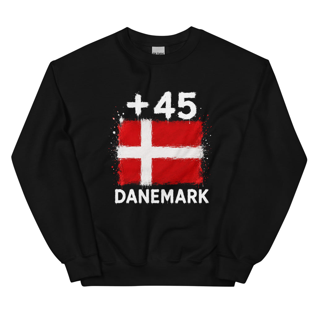 Sweat Danemark +45 noir - vue de face avec drapeau danois