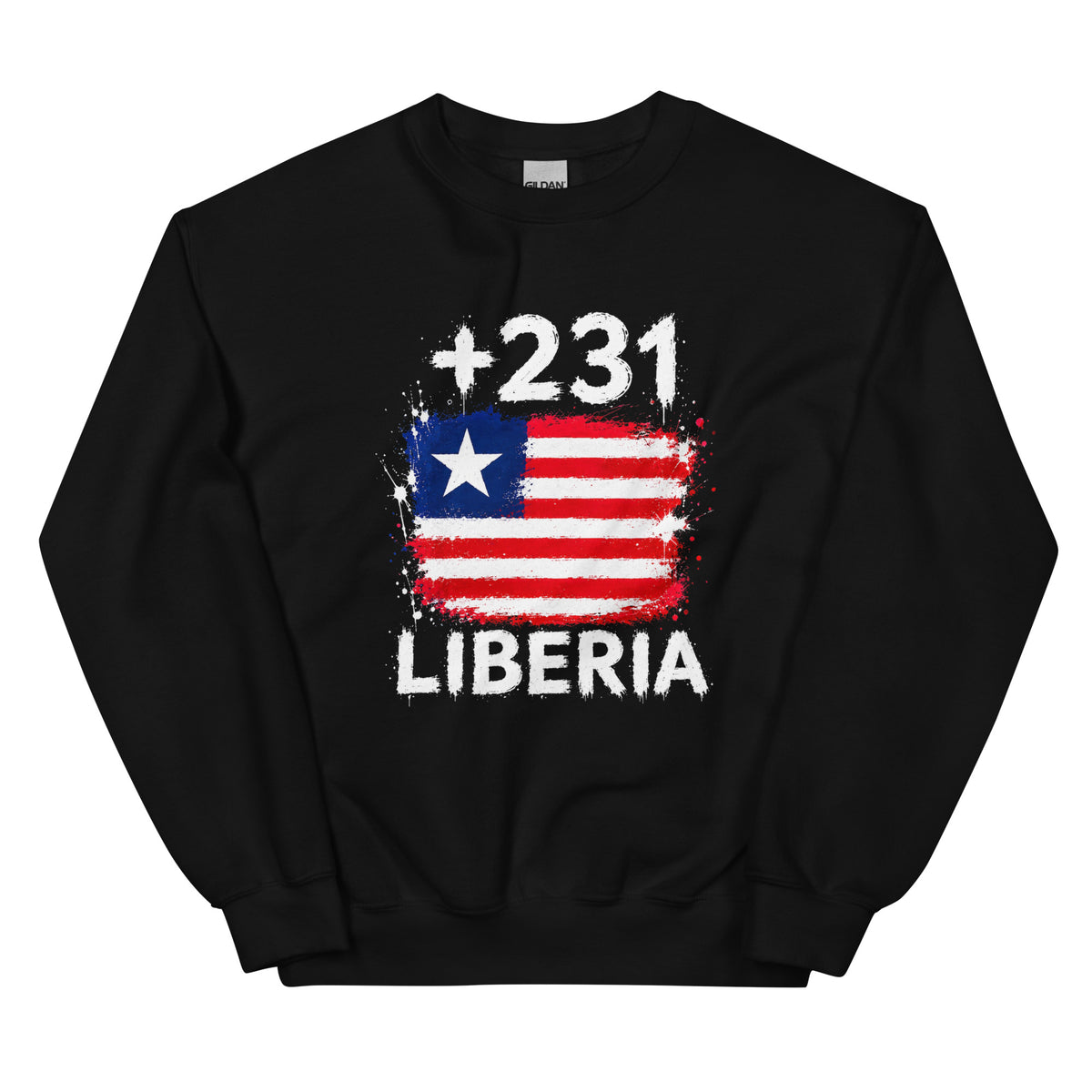 Sweat Liberia +231 noir vue de face, sérigraphie drapeau libérien