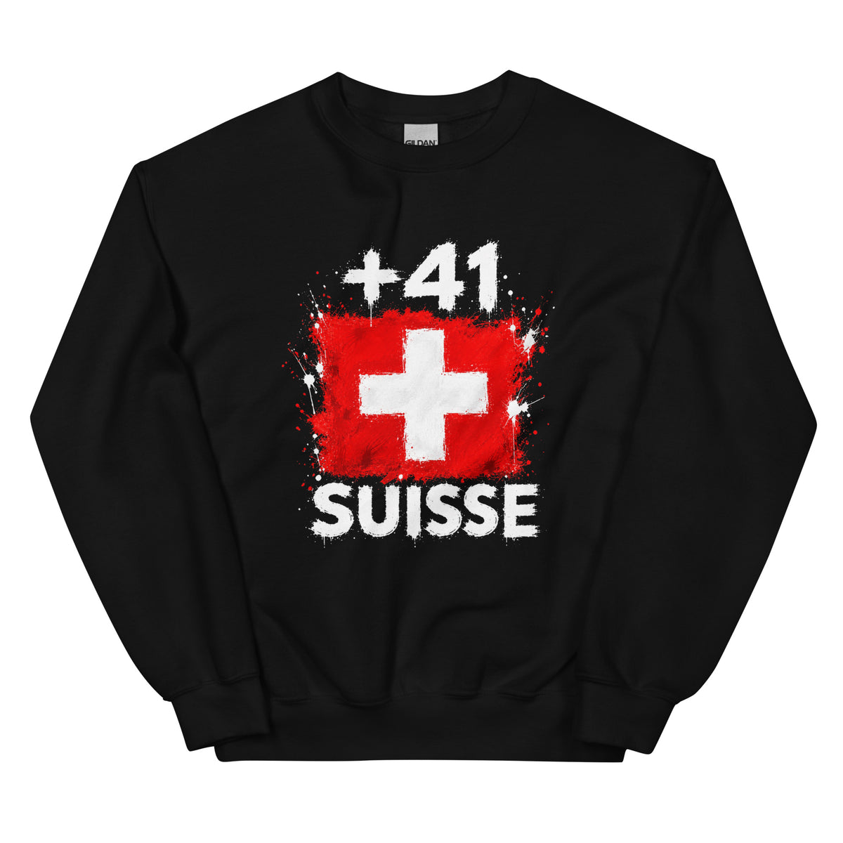 Sweat noir Suisse +41 avec design drapeau suisse imprimé