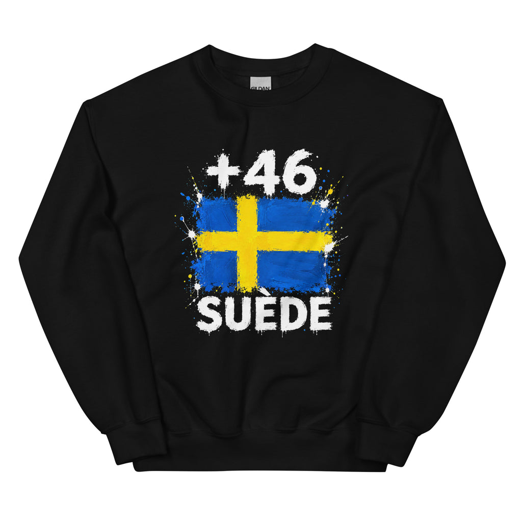 Sweat Suède +46 - Noir, design drapeau suédois, vue de face - Indicatif Fier