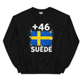 Sweat Suède +46 - Noir, design drapeau suédois, vue de face - Indicatif Fier