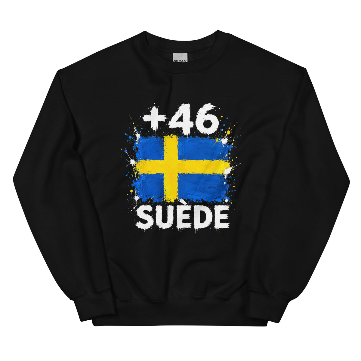 Sweat Suède +46 - Noir, design drapeau suédois, vue de face - Indicatif Fier