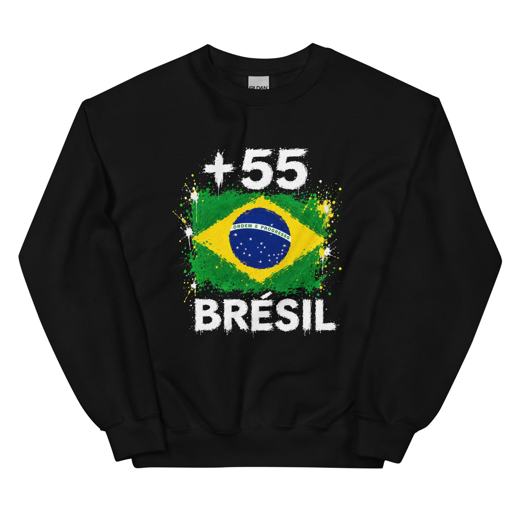 Sweat Brésil +55 vue de face, design drapeau brésilien