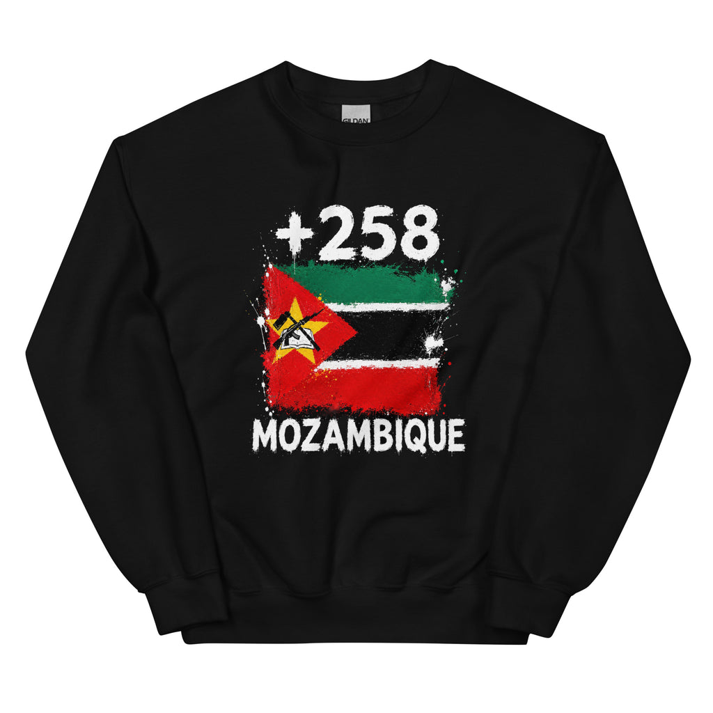 Sweat Mozambique +258 vue de face, design drapeau mozambicain