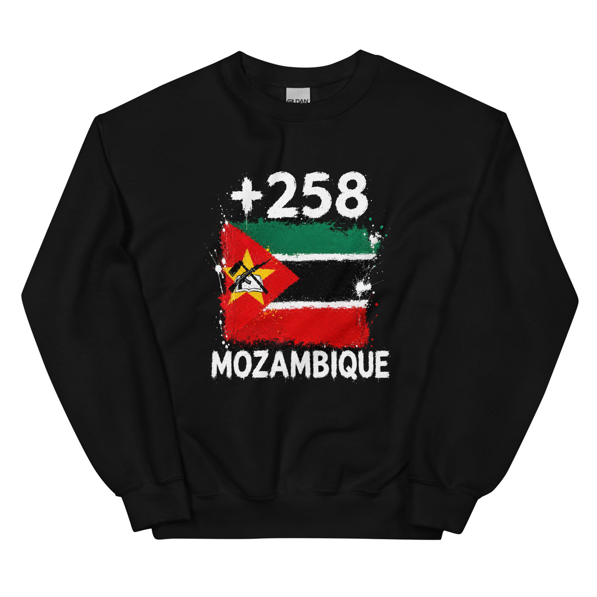 Sweat Mozambique +258 vue de face, design drapeau mozambicain