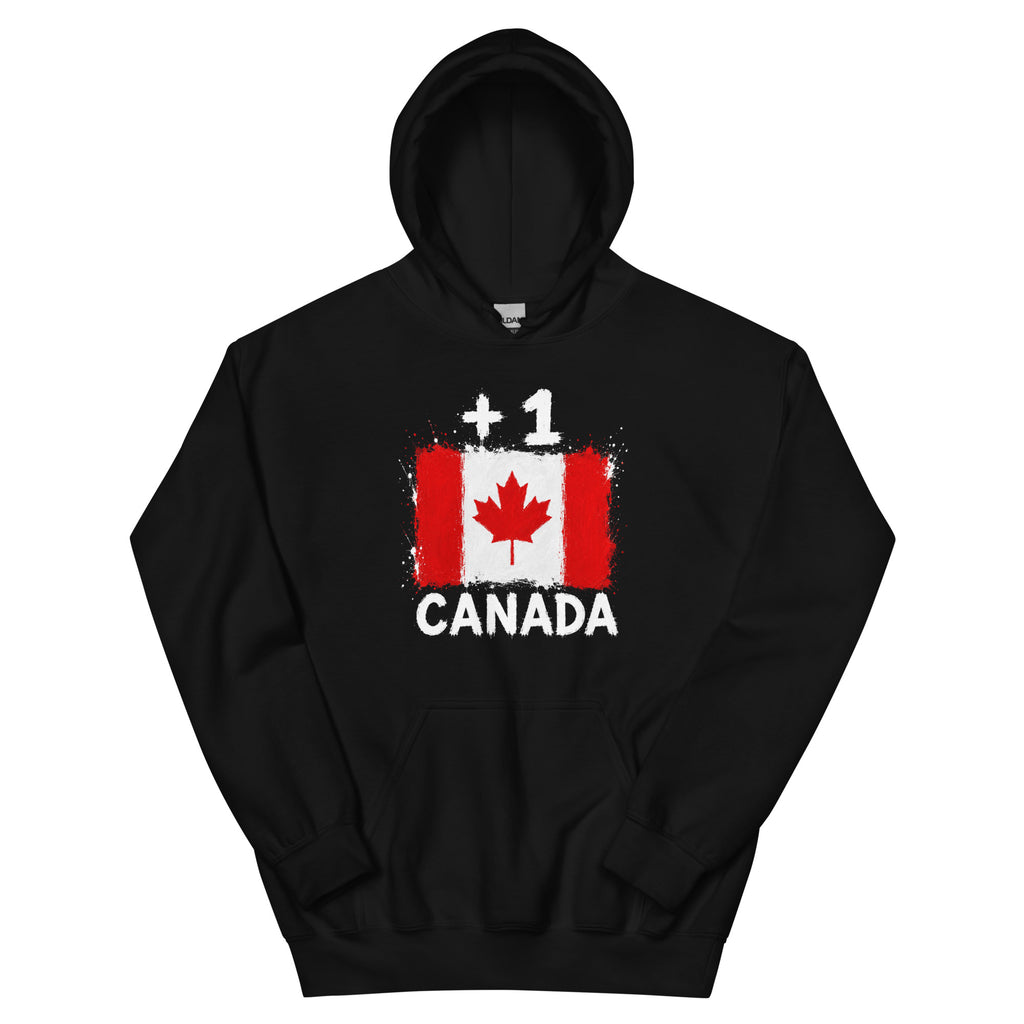 Sweat à capuche noir Canada +1 avec drapeau canadien floqué effet éclaboussure de peinture - Indicatif Fier