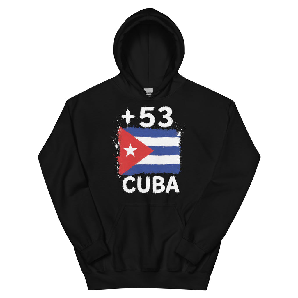 Sweat à capuche noir Cuba +53 avec drapeau cubain floqué effet éclaboussure de peinture - vue de face - Indicatif Fier