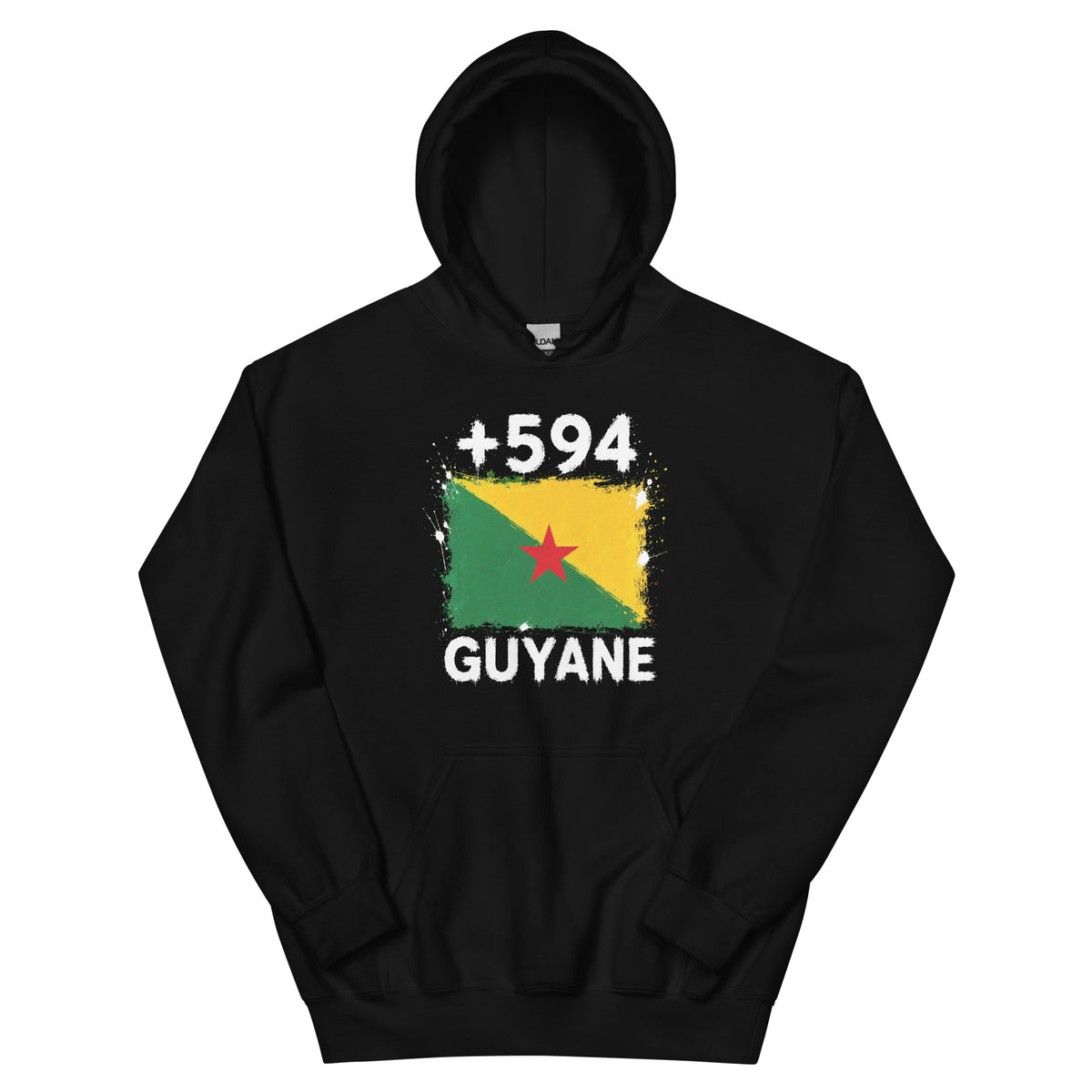 Sweat à capuche noir Guyane +594 avec drapeau guyanais floqué effet éclaboussure de peinture - Indicatif Fier