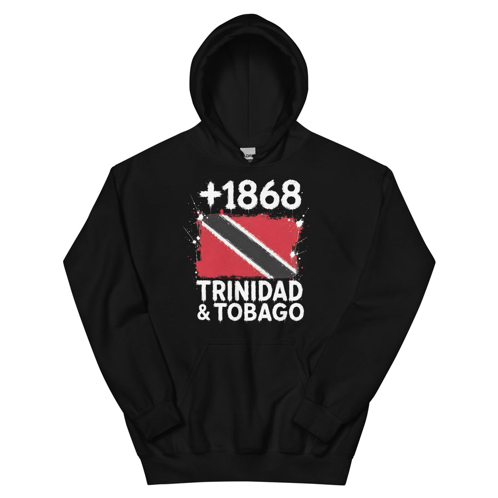 Sweat à capuche noir Trinidad & Tobago +1868 avec drapeau trinidadien floqué effet éclaboussure de peinture - vue de face - Indicatif Fier