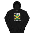 Sweat à capuche noir Jamaïque +1876 avec drapeau jamaïcain floqué effet éclaboussure de peinture - vue de face - Indicatif Fier