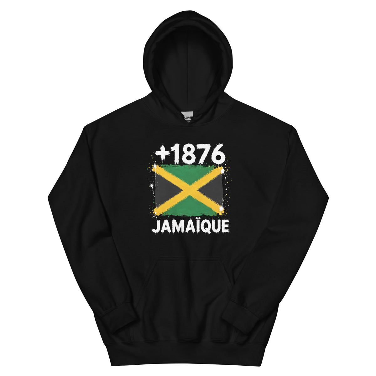 Sweat à capuche noir Jamaïque +1876 avec drapeau jamaïcain floqué effet éclaboussure de peinture - vue de face - Indicatif Fier
