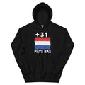 Sweat à capuche noir Pays Bas +31 avec drapeau néerlandais floqué effet éclaboussure de peinture - vue de face - Indicatif Fier