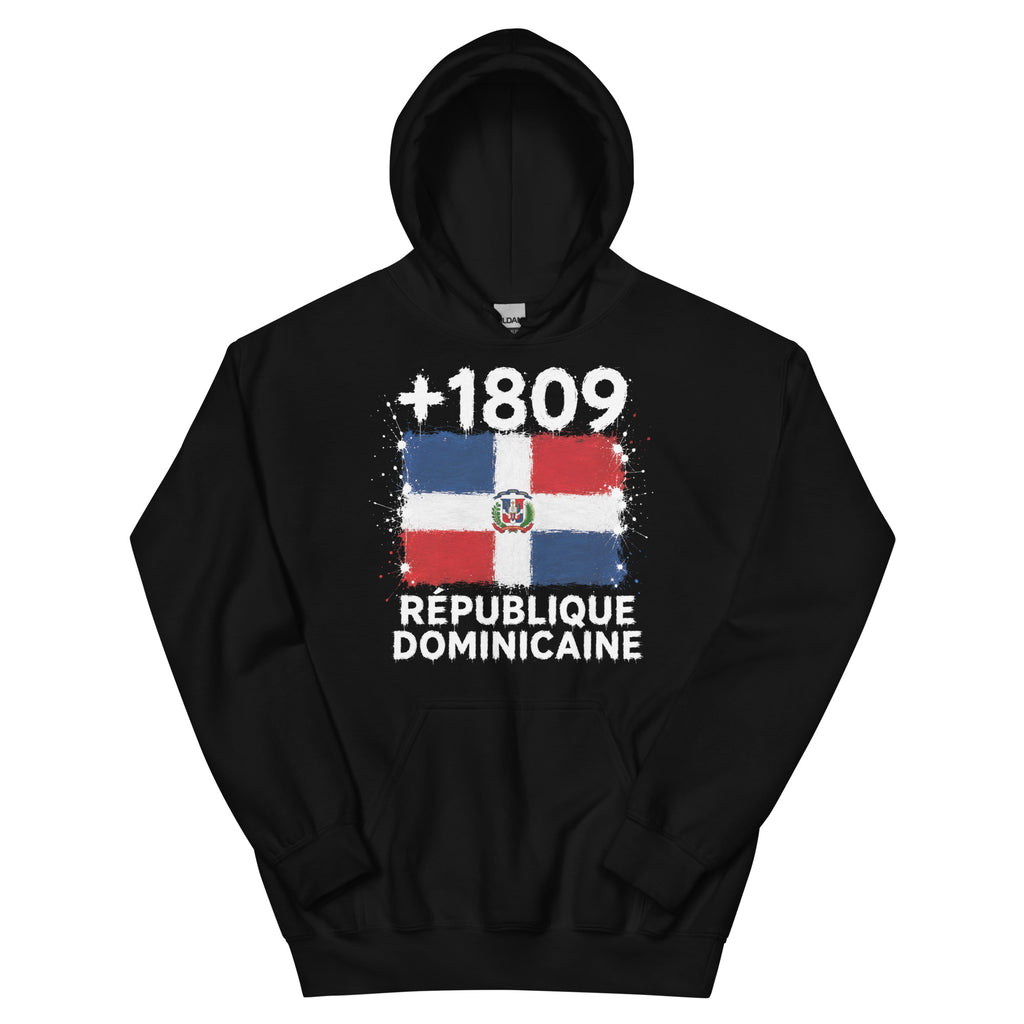 Sweat à capuche noir République Dominicaine +1809 avec drapeau dominicain floqué effet éclaboussure de peinture - vue de face - Indicatif Fier