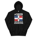 Sweat à capuche noir République Dominicaine +1809 avec drapeau dominicain floqué effet éclaboussure de peinture - vue de face - Indicatif Fier