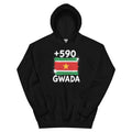 Sweat à Capuche Guadeloupe +590 - Noir avec drapeau floqué effet éclaboussure de peinture - vue de face - Indicatif Fier