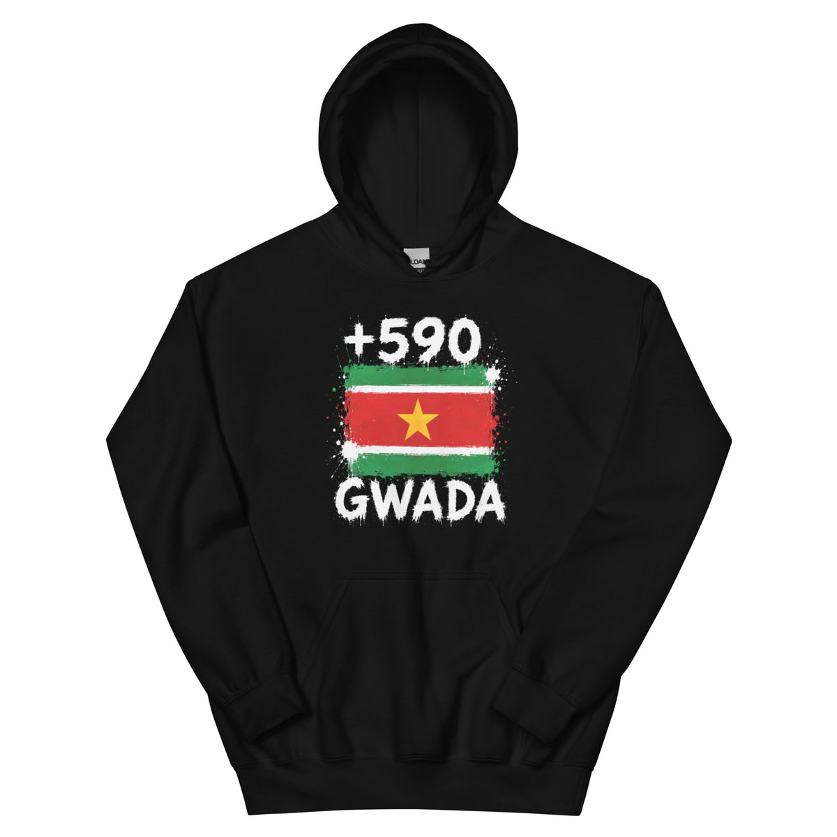 Sweat à Capuche Guadeloupe +590 - Noir avec drapeau floqué effet éclaboussure de peinture - vue de face - Indicatif Fier