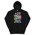Sweat à capuche Afrique du Sud +27, vue de face, coloris noir, design drapeau sud-africain