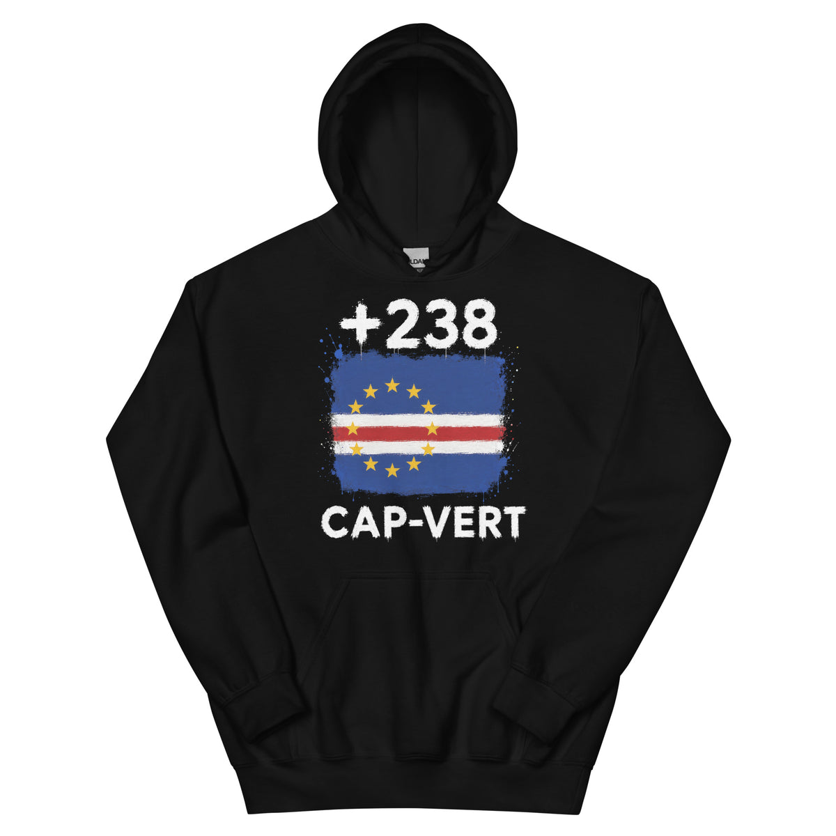 Sweat à Capuche Cap-Vert +238 noir vue de face, drapeau et indicatif floqués poitrine