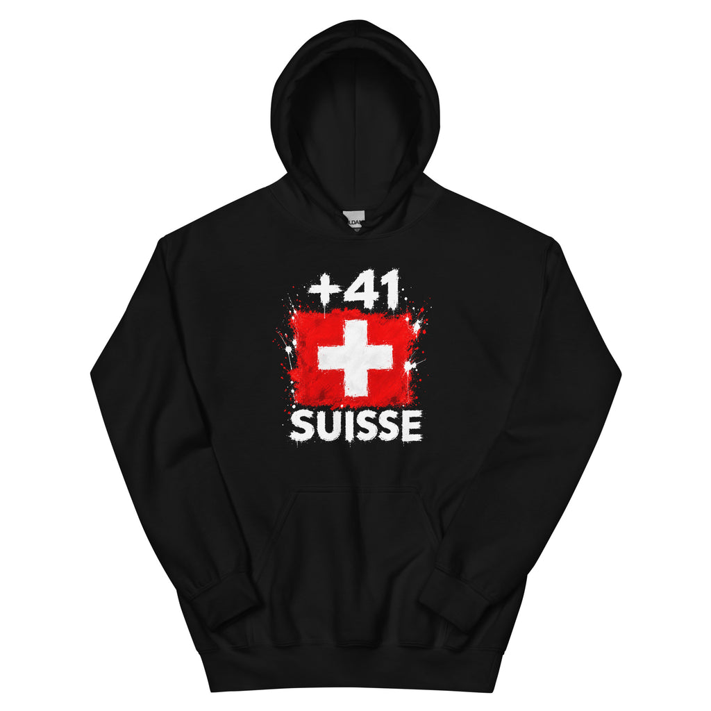 Sweat à Capuche Suisse +41 vue de face, design drapeau suisse