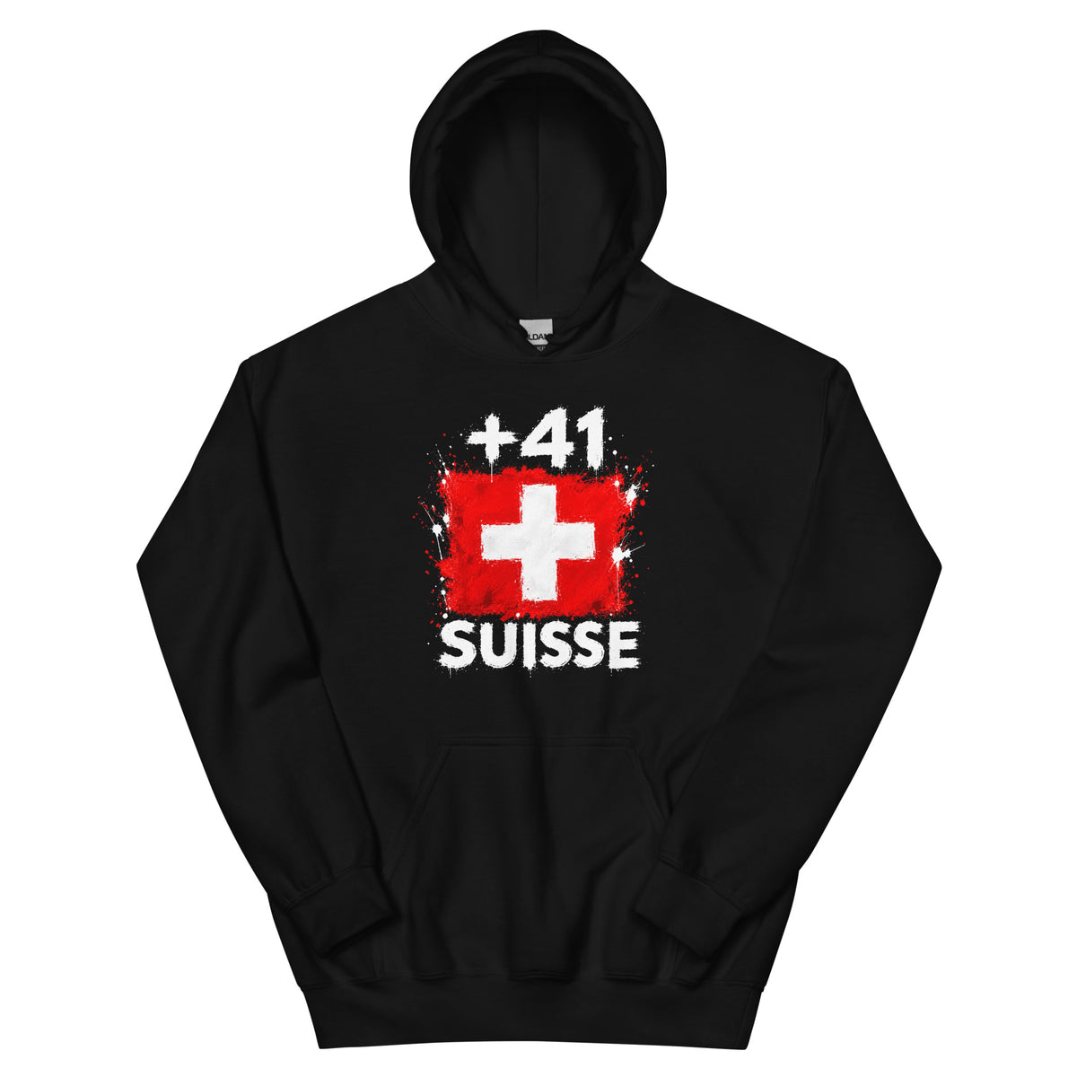 Sweat à Capuche Suisse +41 vue de face, design drapeau suisse