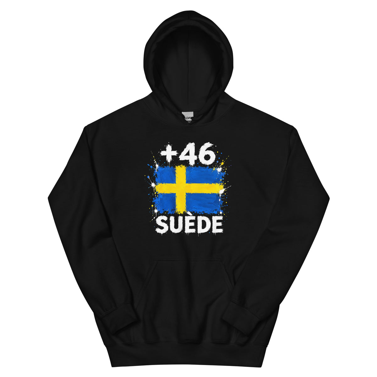 Sweat à capuche noir Suède +46 avec design drapeau suédois imprimé