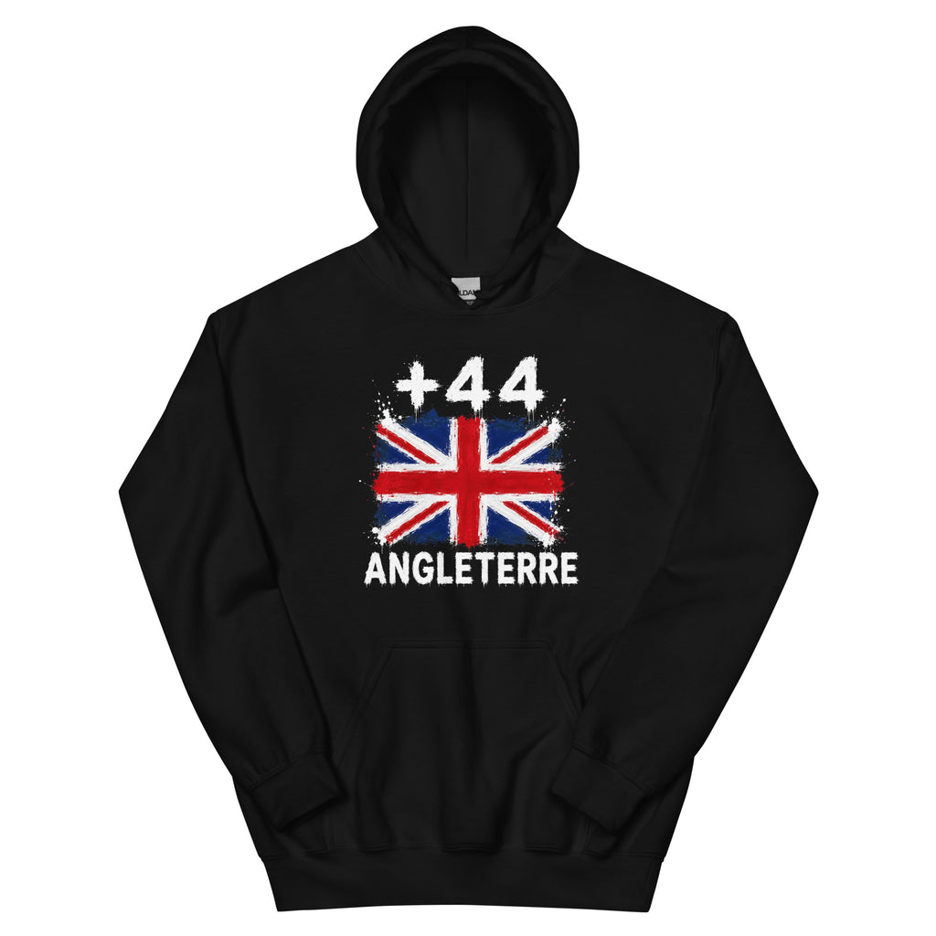 Sweat à Capuche Angleterre +44 - Noir, design drapeau britannique, vue de face - Indicatif Fier
