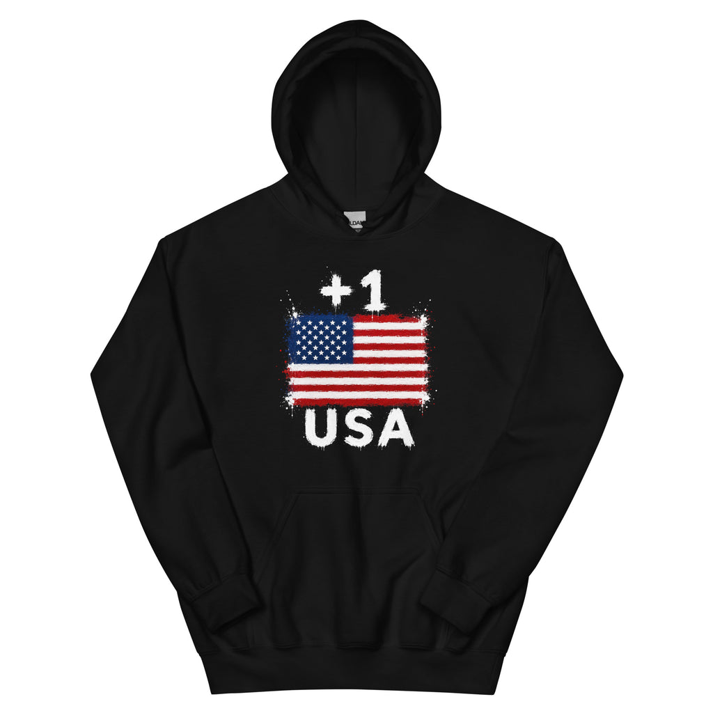 Sweat à Capuche USA +1 - Noir, drapeau américain sur fond noir - Indicatif Fier