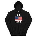 Sweat à Capuche USA +1 - Noir, drapeau américain sur fond noir - Indicatif Fier