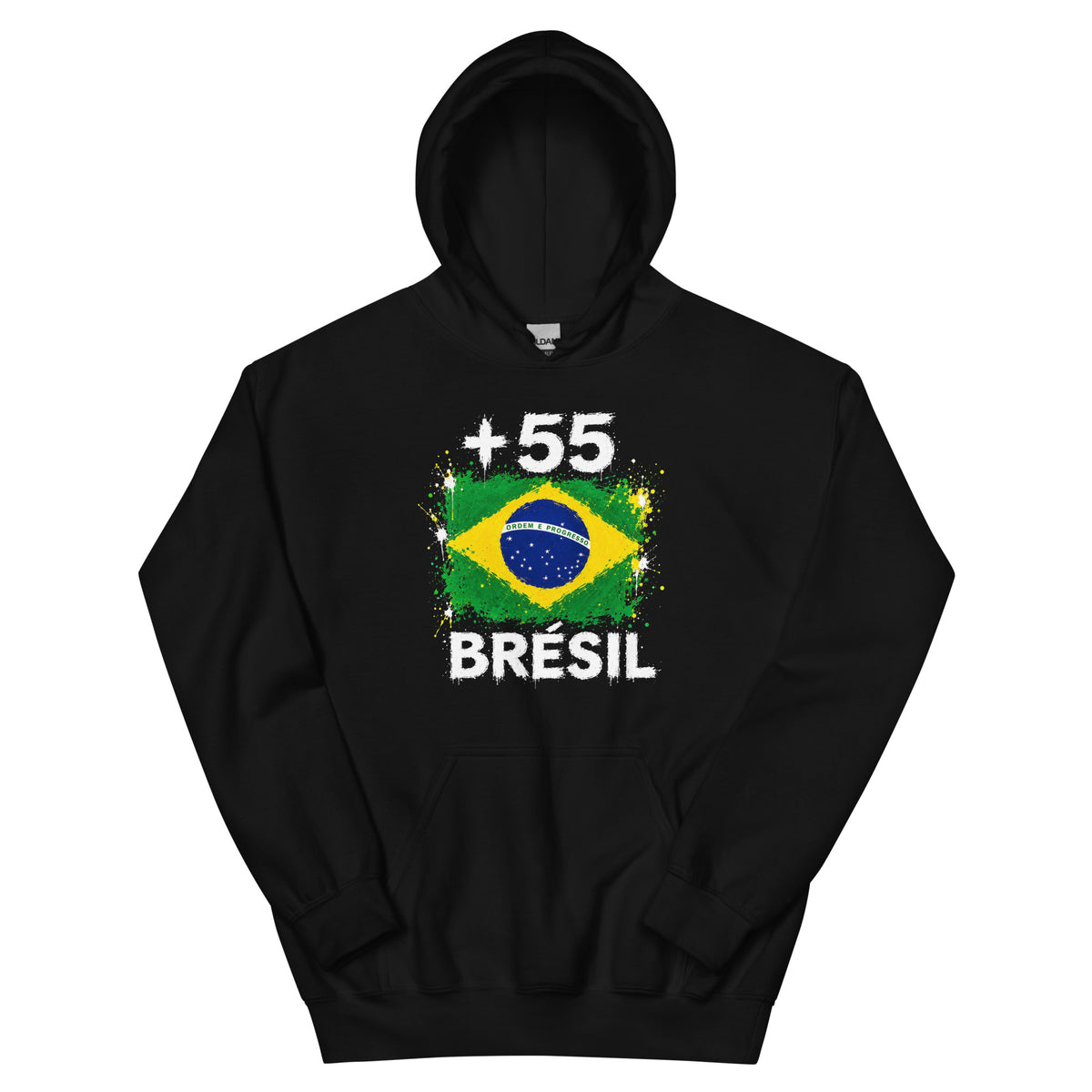 Sweat à Capuche Brésil +55 vue de face, design drapeau brésilien