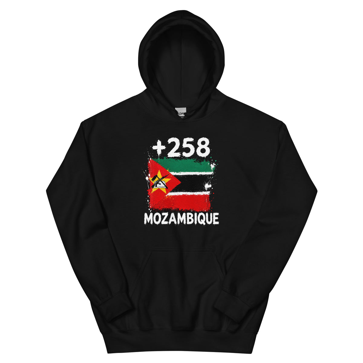 Sweat à Capuche Mozambique +258 vue de face, design drapeau mozambicain