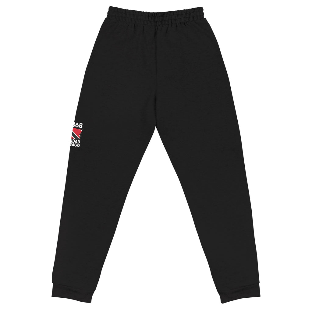 Jogger noir Trinidad & Tobago +1868 avec drapeau trinidadien floqué effet éclaboussure de peinture - vue de dos - Indicatif Fier