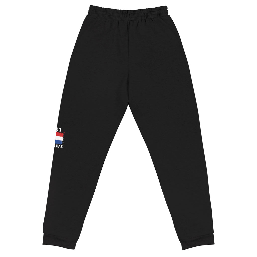 Jogger noir Pays Bas +31 avec drapeau néerlandais floqué sur la jambe gauche - vue de dos à plat - Indicatif Fier