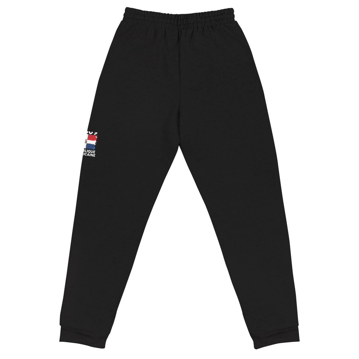Jogger noir République Dominicaine +1809 avec drapeau dominicain floqué - vue de dos à plat - Indicatif Fier