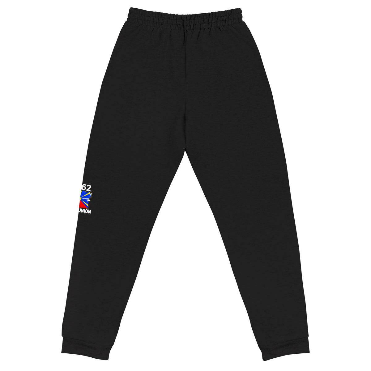 Jogger La Réunion +262 - Noir avec drapeau floqué effet éclaboussure de peinture - vue de dos - Indicatif Fier