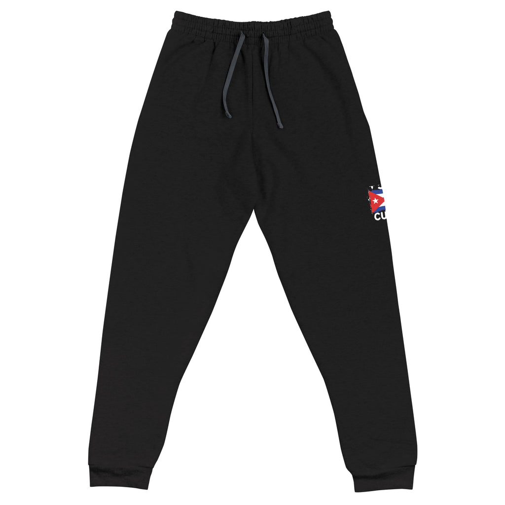 Jogger noir Cuba +53 avec drapeau cubain floqué effet éclaboussure de peinture - vue de face complète - Indicatif Fier