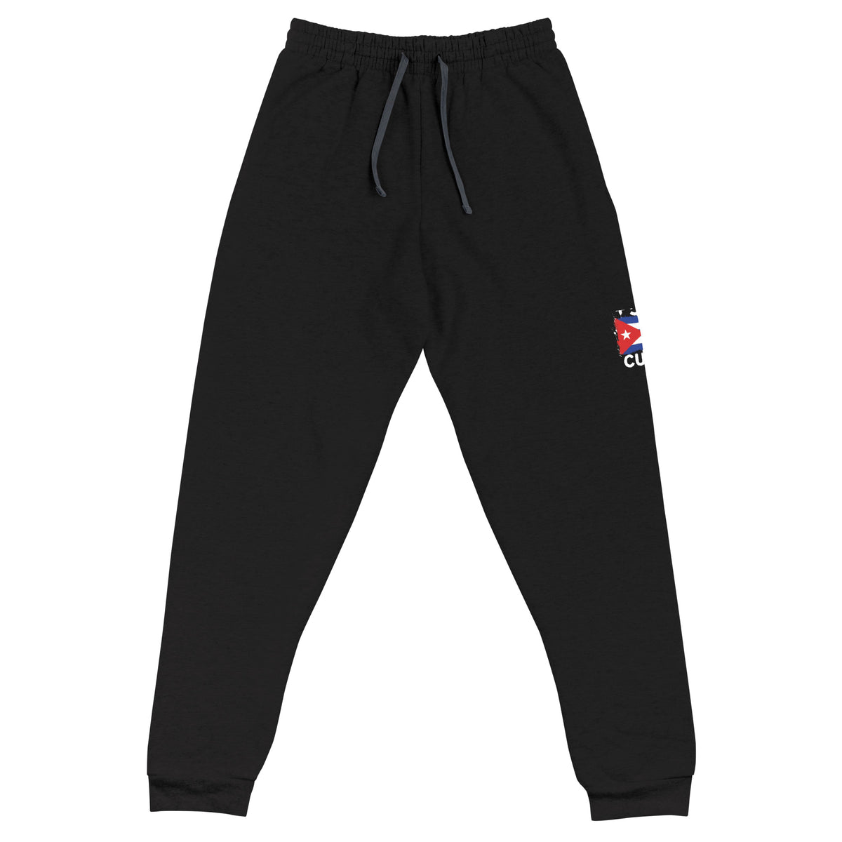 Jogger noir Cuba +53 avec drapeau cubain floqué effet éclaboussure de peinture - vue de face complète - Indicatif Fier