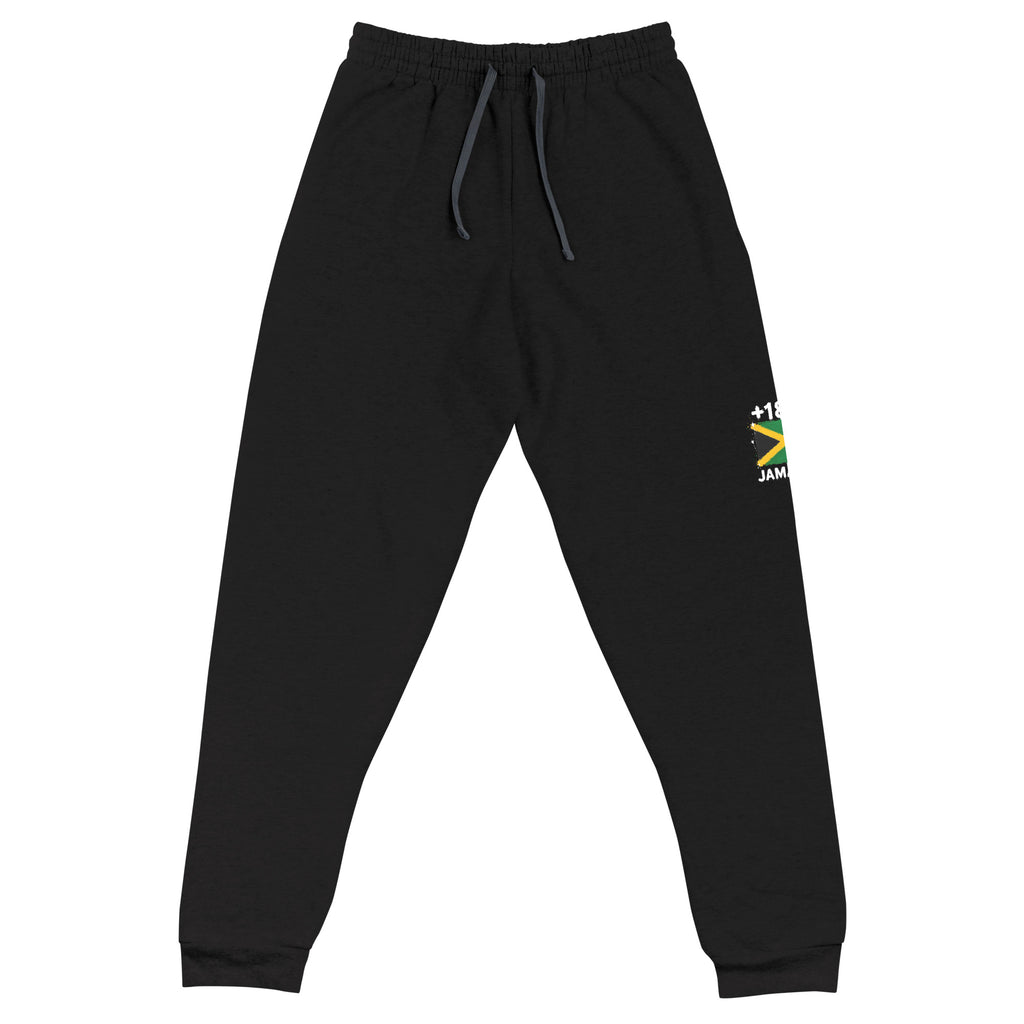 Jogger noir Jamaïque +1876 avec drapeau jamaïcain floqué - vue de face à plat - Indicatif Fier