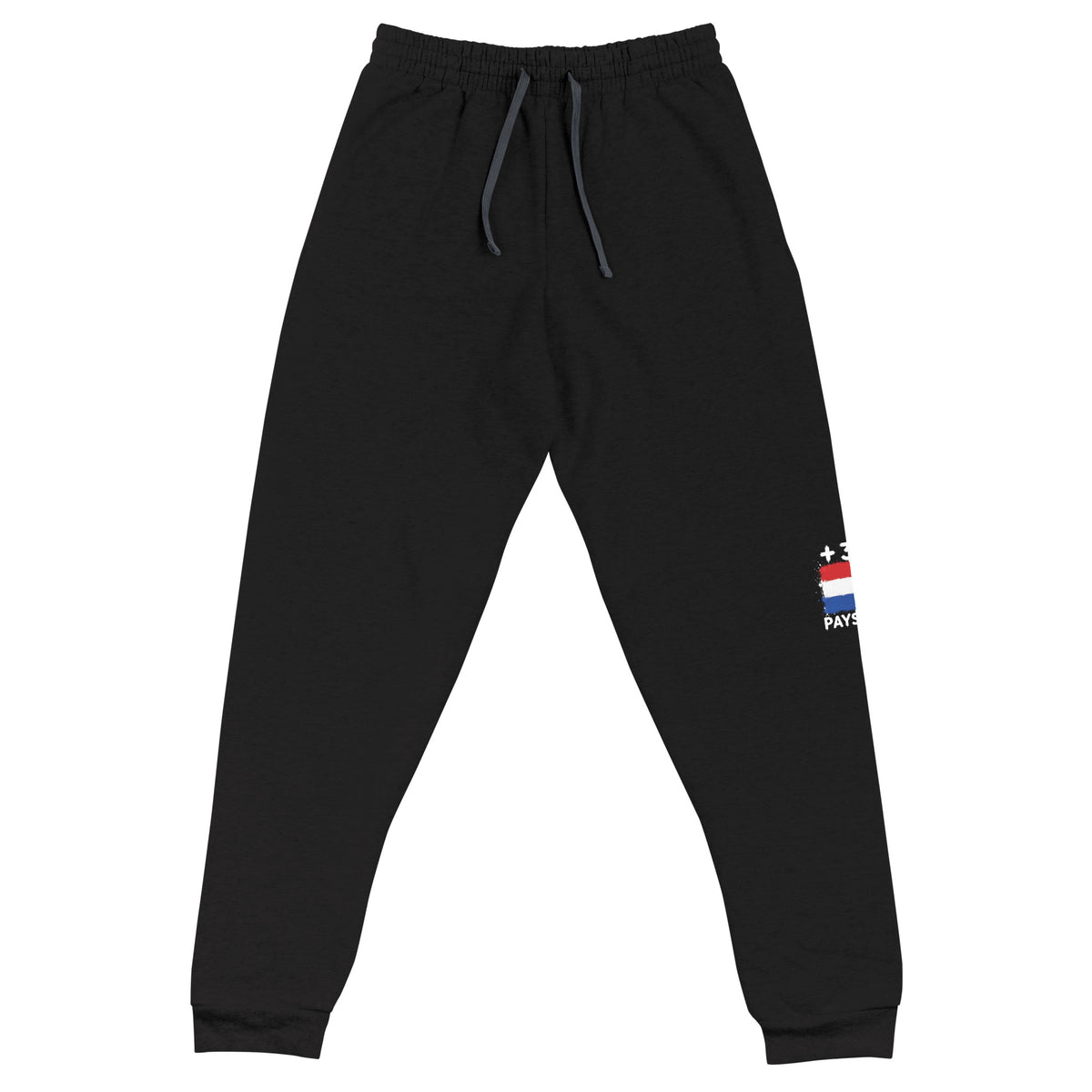 Jogger noir Pays Bas +31 avec drapeau néerlandais floqué sur la jambe gauche - vue de face à plat - Indicatif Fier