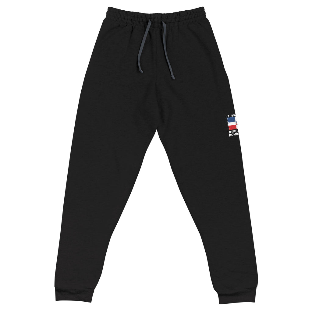 Jogger noir République Dominicaine +1809 avec drapeau dominicain floqué - vue de face à plat - Indicatif Fier