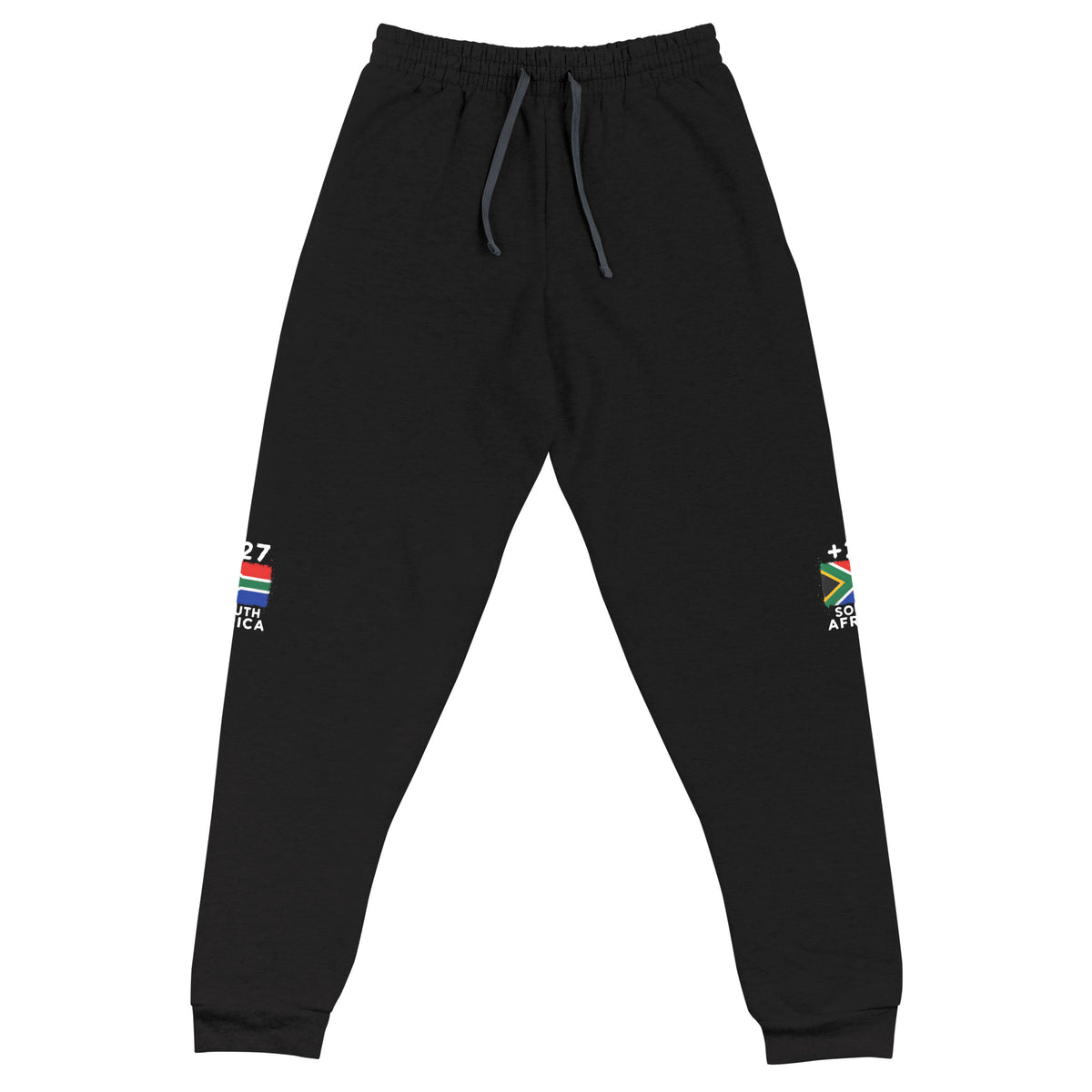 Jogger Afrique du Sud +27, vue de face rapprochée, coloris noir, design drapeau sud-africain sur les deux jambes